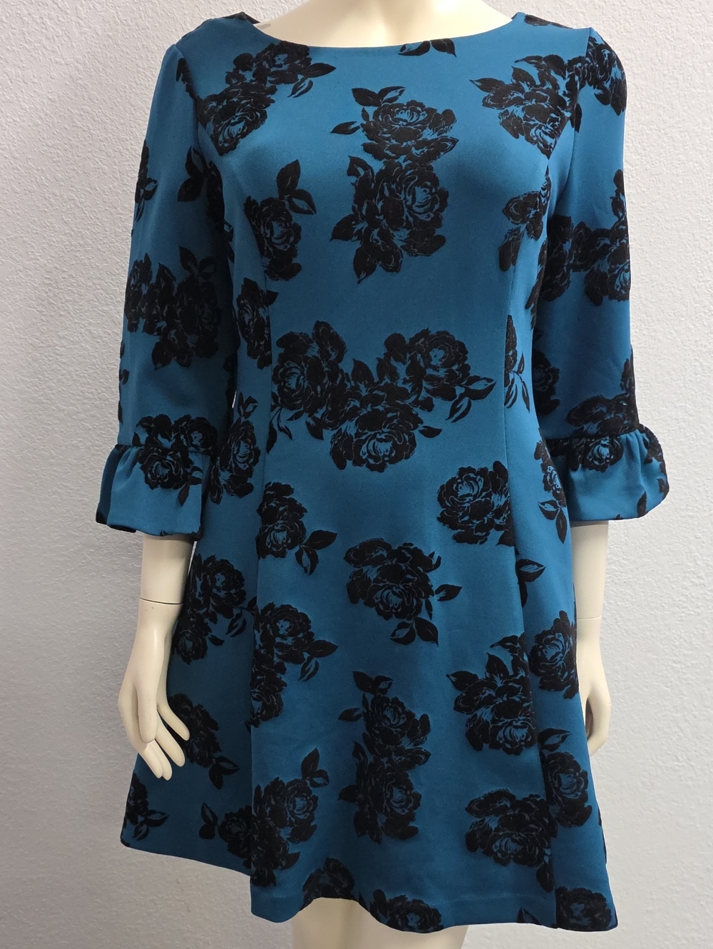 Jessica Howard Teal Black Floral Flocked Dress Size 18